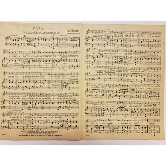 Sheet Music-Freckles Antique 1919 by Hess, Johnson, Ager signed  by NORA BAYES - Picture 4 of 5